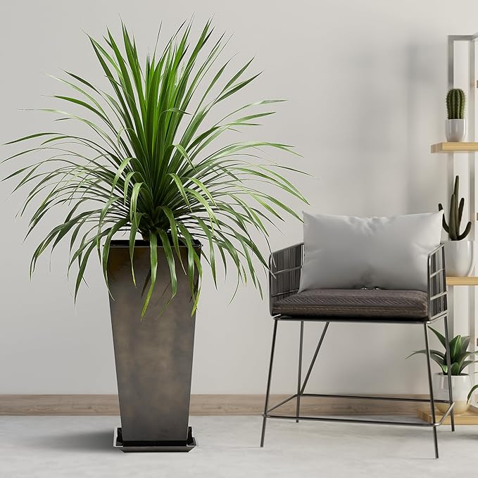 KOL 25''H. Bright Glazed Planter with Drainage Hole, Set of 2, Tall Galvanized Steel Planter Pots with Saucer for Indoor & Outdoor Use, Decorative Flower Plant Pots for Porch, Patio, Deck - Black