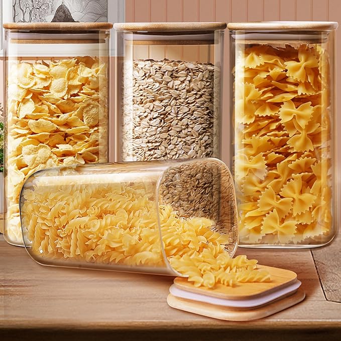 Square Glass Jars with Bamboo Lids 53 FL OZ [Set of 4], Glass Canisters with Airtight Lid, Glass Food Storage Containers for Pasta, Cereal, Coffee, Flour, Sugar, Best for Kitchen & Pantry