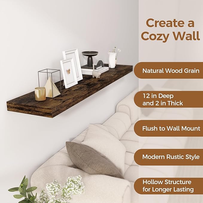 Floating Shelves 55 Inch Long, 55 x 12 Large Floating Shelf Wall Mounted, 12 Inch Wide Floating Shelves for Fireplace Mantel, 2" Thicked Storaged Shelves for Living Room, Bedroom, Rustic Brown, 1 Pack