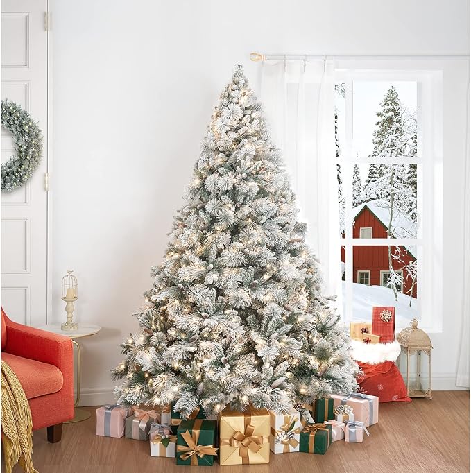 Glasgow 6.5ft Frosted Prelit Artificial Christmas Tree with Pine Cones, Foot Pedal, 1040 Branch Tips, 650 Warm Lights & Metal Stand, 56" Wide Realistic Snow Flocked Pine Christmas Tree with Lights