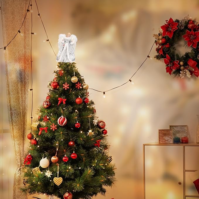 GENMOUS Angel Christmas Tree Topper, 12Inch Silver Angel Treetop, Angel Figurine Christmas Tree Top, Christmas Tree Decorations for Home