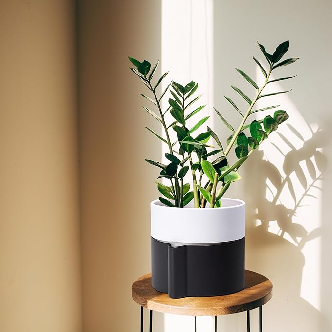 8 Inch Self-Watering Planter Pot with Terracotta Insert, Deep Water Reservoir, and Ceramic-Alike BPA-Free Plastic Planter Pot for Plant, Modern Planter for Houseplants, Black/White, 53-C-T-7