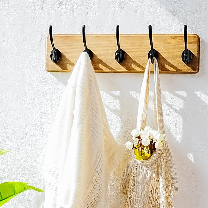 Dseap Coat Rack Wall: Patented, Heavy-Duty, 17.4" Long 5-Double-Hooks Wooden Wall Mounted Coat Rack Coat Hanger Hook Rail for Winter Coats Hat Jacket Clothing, Weathered Brown, Pack of 2