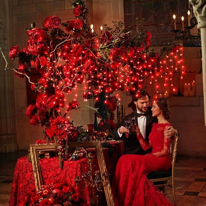 Icicle Lights for Outside, 33FT 400 LED Christmas Lights with 8 Modes 75 Drops, Waterproof Plug in Curtain String Light for Outdoor Indoor House Patio Fence Wedding Decorations, Red