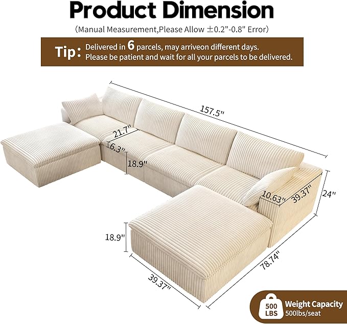 157.5" U Shaped Modern Sofa Modular Sectional Cloud Couch with 2 Ottoman,Deep Seat Upholstered Couches with Corduroy Fabric for Living Room Furniture,Bedroom and Apartment,No Assembly Required,White