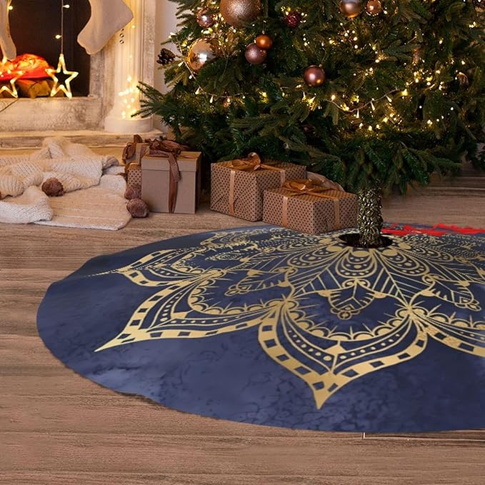 36" Large Christmas Tree Skirt, Boho Mandala Gold Navy Blue Ink Texture Round Cushion Pattern Tree Mat Base Cover for Xmas Festive Holiday Party Decoration Ornaments
