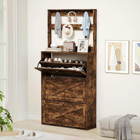 Shoe Cabinet with 3 Flip Drawers, Narrow Shoe Cabinet with 9 Hooks Coat Rack, Freestanding Shoes Storage Cabinets with Adjustable Shelves for Entryway, Hallway, Living Room, Rustic Brown