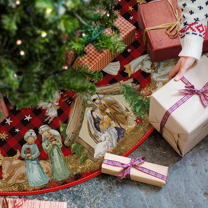 AVOIN colorlife Buffalo Plaid Christmas Tree Skirt 48 Inch, Winter Holiday Tree Decoration