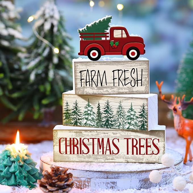 4 Pcs Christmas Decor Wooden Red Truck Winter Tiered Tray Decor Rustic Merry Christmas Table Centerpiece Wood Red Truck Block Sign Gift Farmhouse for Home Kitchen Tabletop Office Shelf