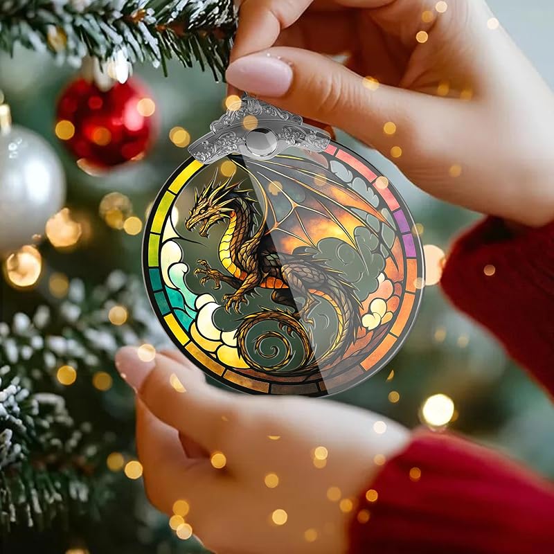 Dragon Stained Art Window Hanging – Fantasy Dragon Ornament for Christmas Tree or Home Decor – ACOTAR Fourth Wing DnD Gift – Dungeons and Dragons Decor for Fans