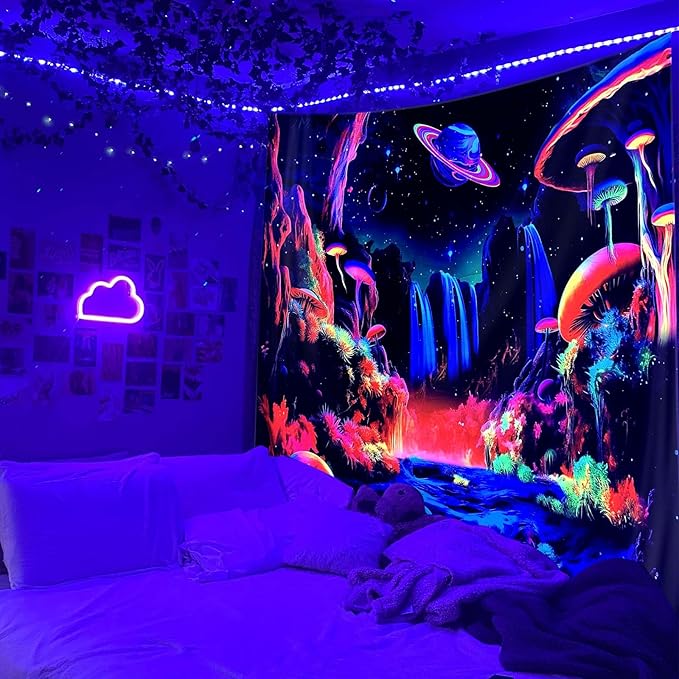 ADDWel Blacklight Mushroom Planet Tapestry, Black Fantastic Tapestry Glow In The Dark, UV Reactive Black Light Posters Wall Hanging for Bedroom Dorm Living Room Backdrop Decor
