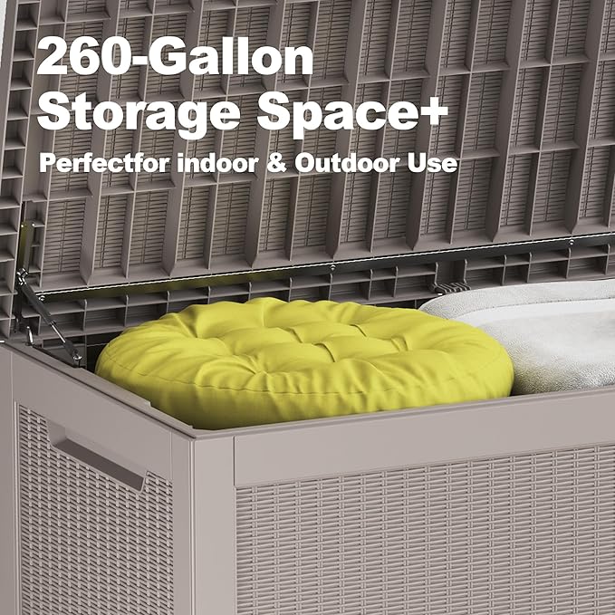 260 Gallon Deck Box XXL Large Outdoor Storage for Patio Furniture,Outdoor Cushions,Garden Tools and Pool Supplies,Waterproof,Resin,Lockable(Grey Rattan)