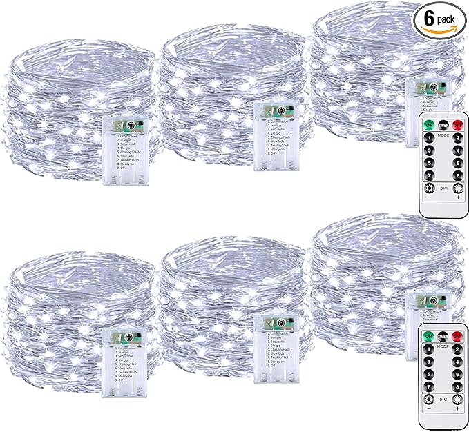 6 Pack 60LED Battery Operated Fairy Lights with Remote, 8 Modes LED String Lights with Timer, Dimmable, Memory Function, Waterproof Twinkle Fairy Lights for Outdoor Indoor Christmas Decor(Cool White)