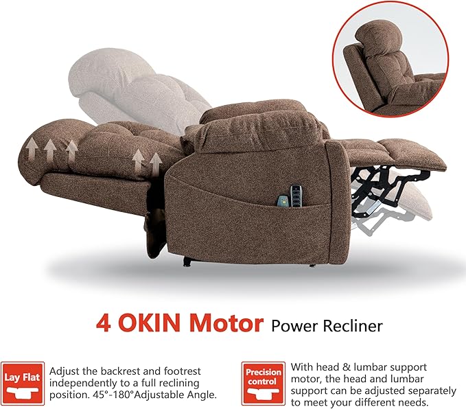 4 OKIN Motor Power Lay Flat Lift Recliner Chair for Elderly Adults Big and Tall Recliners with Heat Massage, Adjustable Head-Back-Lumbar-Leg-Support, Extended Footrest, 2 Cup Holders