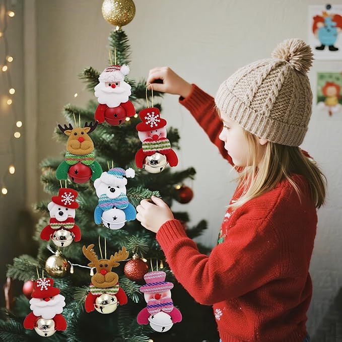 Happy Trees Christmas Tree Plush Ornaments Set for Xmas Home Party Decor, Christmas Hanging Snowman Elk Santa Claus Polar Bear Decorations with Metal Bells, 8 Pcs (Set of 8)