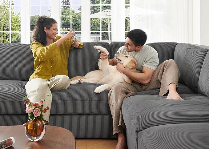 HONBAY Modular Sectional Couches with Storage Corduroy Sleeper Sofa Modular Sectional Couches for Living Room,Dark Grey