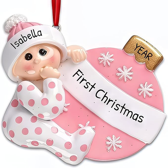 3D Personalized Babys First Christmas Ornament 2025 Girl | Baby's First Christmas Ornament 2025 Baby Ornaments for Xmas Tree My 1st Xmas Ornaments for Couples New Parents - Pink Polka Dot Baby Girl
