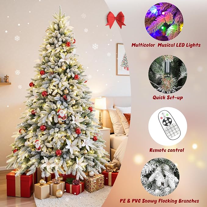 6.5FT Rotating Christmas Tree with Remote, Pre-Lit Artificial Green PE & PVC Xmas Tree, Multicolor LED Lights with Music & Flash Modes, Deluxe Holiday Home Decor