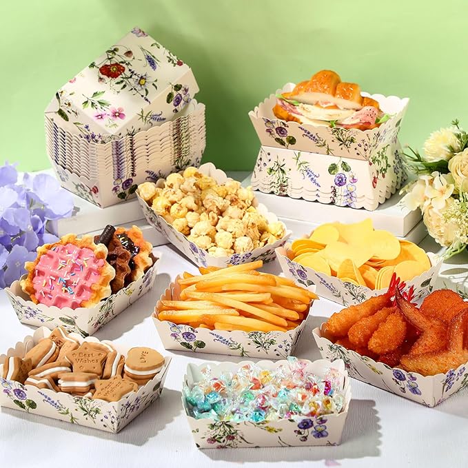 48 Pcs Wildflower Paper Food Trays Vintage Floral Nacho Boat Trays Disposable Snack Holder for Spring Birthday Flower Party Baby Shower Bridal Wedding Supplies