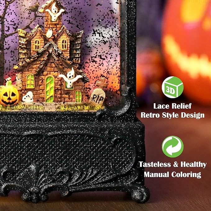 Halloween Snow Globe Lantern Haunted House Pumpkin Ghost Tree Crow Rip Dancing Bats with Timer, USB and Battery Powered 12 inch