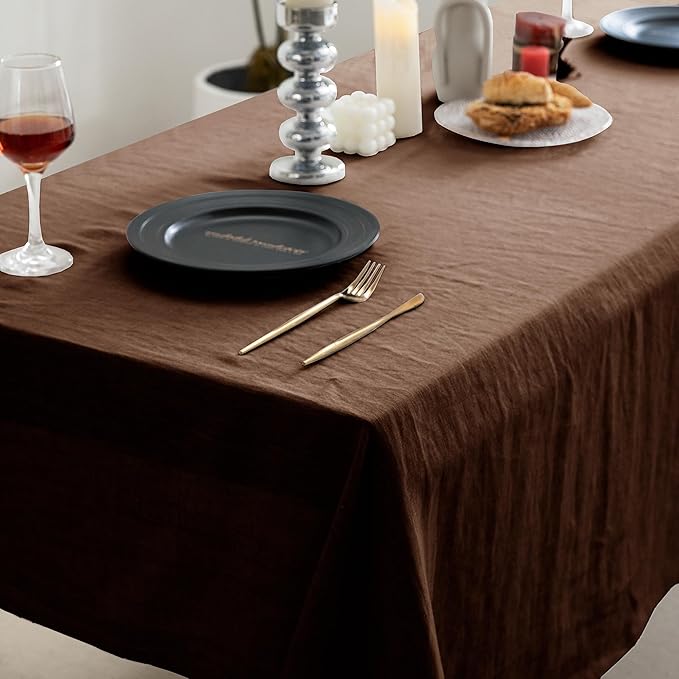 EVERLY 100% Pure Linen Rectangle Tablecloths 60x84Inches for Dining,Buffet Parties,Picnic,Events,Weddings and Restaurants,Decorative Halloween,Thanksgiving Machine Washable Tablecloths-Chocolate