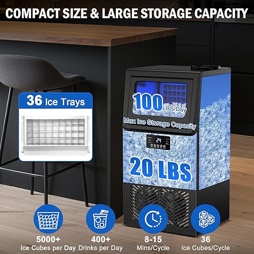 Commercial Ice Maker Machine 100 LBS/24H, 36 Ice Trays Freestanding & Undercounter Ice Machine Stainless Steel with 20 LBS Ice Storage Capacity, Ice Maker with Water Line, Dual Water Inlet, Black