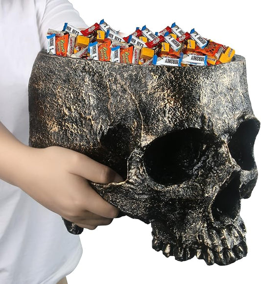 7lb Capacity Extra Large Halloween Skull Candy Dish - Deep Skull Head Halloween Candy Bowl Holder Artificial Resin Skulls Decor Indoor Outdoor Table Centerpieces Flower Pot Plant Office Pen Holder