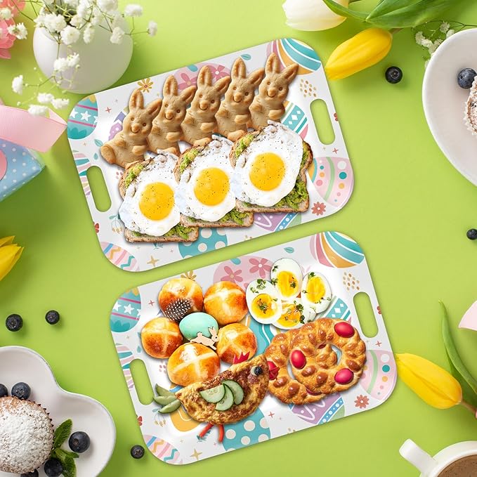gisgfim 2Pcs Easter Serving Trays 16 X 11 Inch Large Melamine Easter Colorful Egg Trays Platters with Handles Reusable Spring Easter Food Trays for Snacks Birthday Decors Easter Day Party Supplies