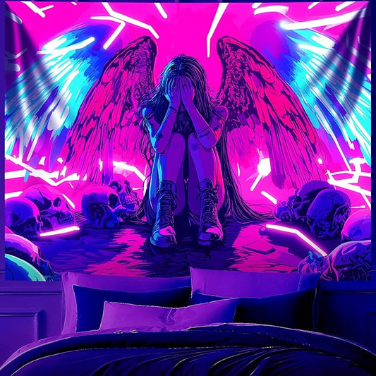Blacklight Tapestry,WingTapestry Glow In The Dark,UV Reactive Black Light Upright Posters Wall Hanging for Bedroom Dorm Living Room Backdrop Decor (wing5, 79L" x 59W")