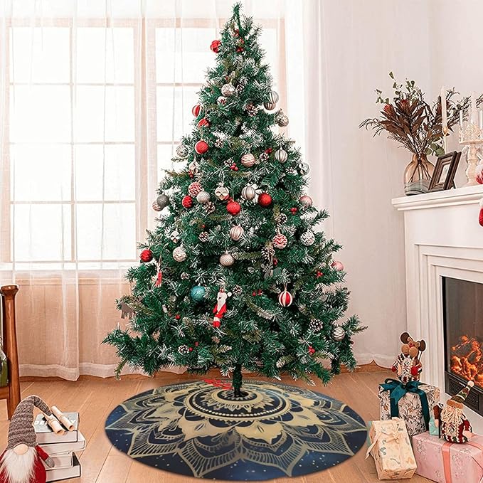 36" Elegant Gold Mandala Christmas Tree Skirt, Blue Galaxy Tree Mat Base Cover for Xmas Festive Holiday Party Decoration Ornaments