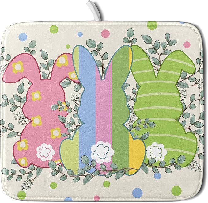 Easter Dish Drying Mat for Kitchen Counter Cute Bunny Rabbit Festival Seasonal Absorbent Reversible Microfiber Kitchen Countertop Protector Dishes Pad Large 16x18 inch