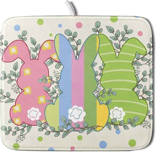 Easter Dish Drying Mat for Kitchen Counter Cute Bunny Rabbit Festival Seasonal Absorbent Reversible Microfiber Kitchen Countertop Protector Dishes Pad Large 16x18 inch