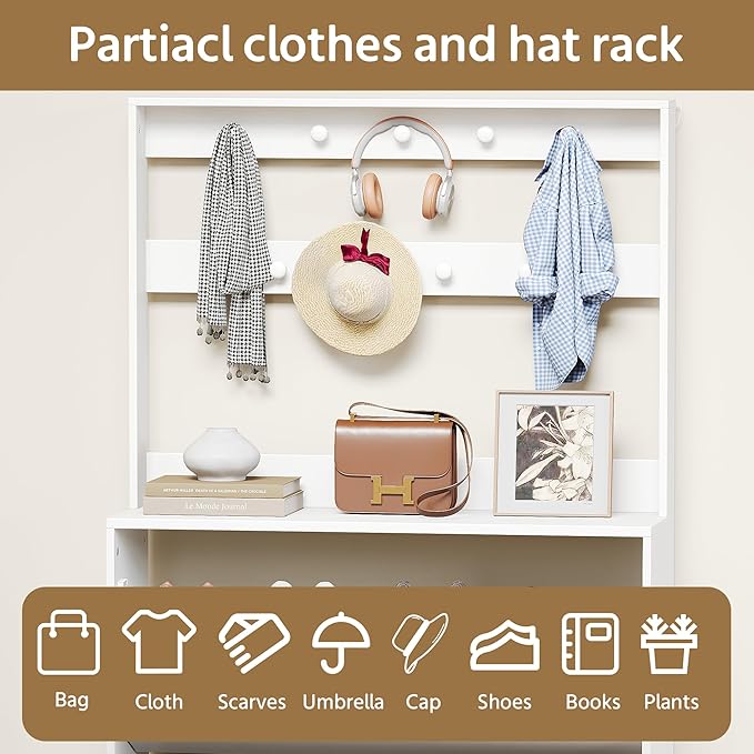 Shoe Cabinet Set of 2 with 3 Flip Drawers, Narrow Shoe Cabinet with 9 Hooks Coat Rack, Freestanding Shoes Storage Cabinets with Adjustable Shelves for Entryway, Hallway, Living Room, White