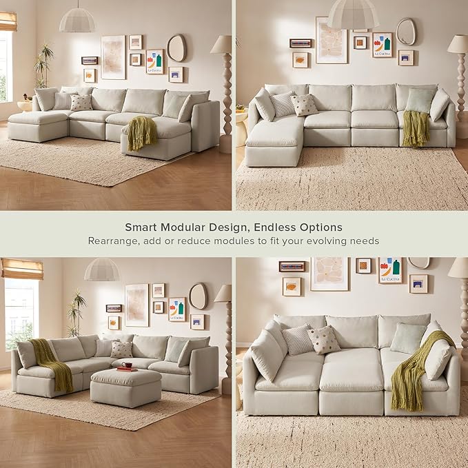 mopio Oversized Modular Sectional Sofa with Fully Removable Covers and Storage, Convertible U, L-Shaped and Sleeper Sectional, Modern Couches with Ottoman Chaise (Oat Fabric, 6 Seats, U)