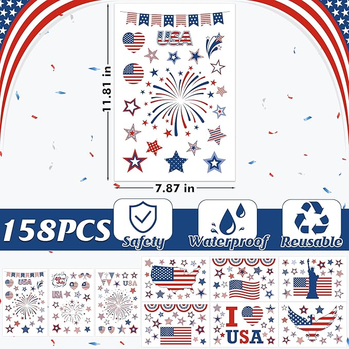 158 Pcs 4th of July Window Clings, 9 Sheets Patriotic Window Clings Decals, Watercolor Double-Sided American Flag Stars Firework Window Stickers for Independence Day Parade Veterans Memorial Day Decor