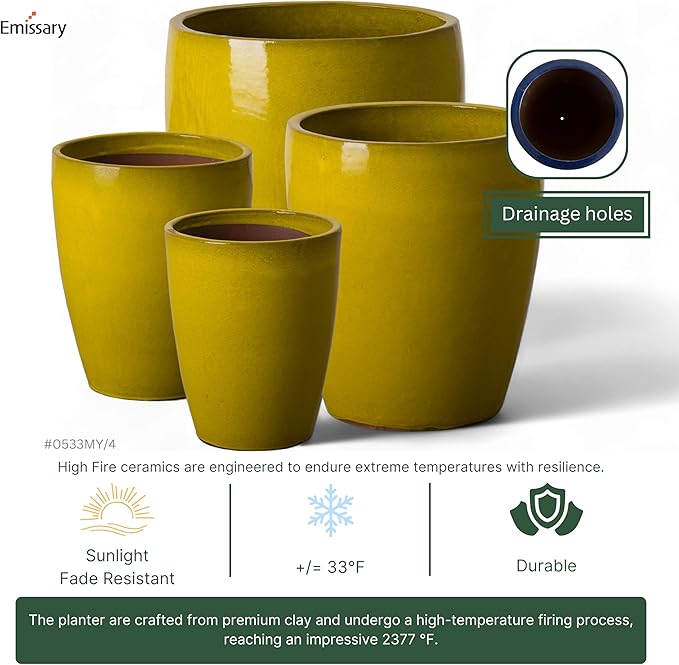 Emissary Bullet 18 in. Mustard Yellow Ceramic Round Planter (18 in. L x 18 in. W x 21 in. H) with Drainage Hole