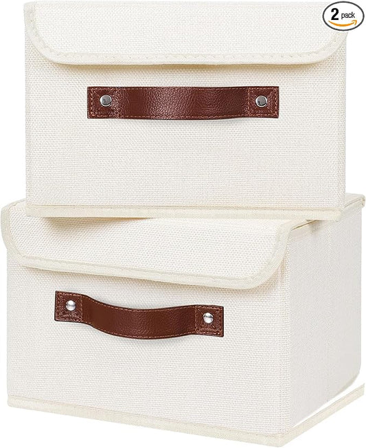 ANMINY 2PCS Storage Bins with Lid PU Leather Handles Storage Boxes PP Plastic Board Decorative Foldable Lidded Cotton Linen Fabric Home Cubes Baskets Closet Organizer Containers - Beige, Small Size
