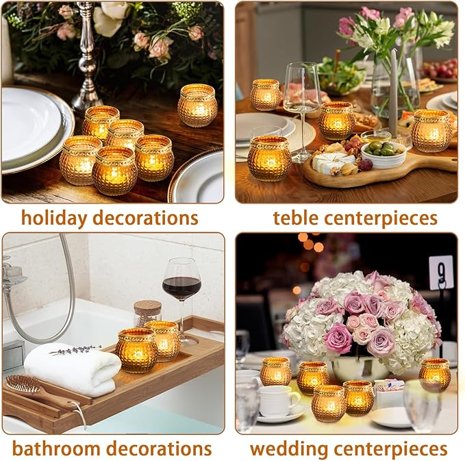 Amber Votive Candle Holders,Small Glass Tea Light Holder 12pcs,for Wedding Table,Vintage Boho Party,Holiday Centerpieces Fall Decorations