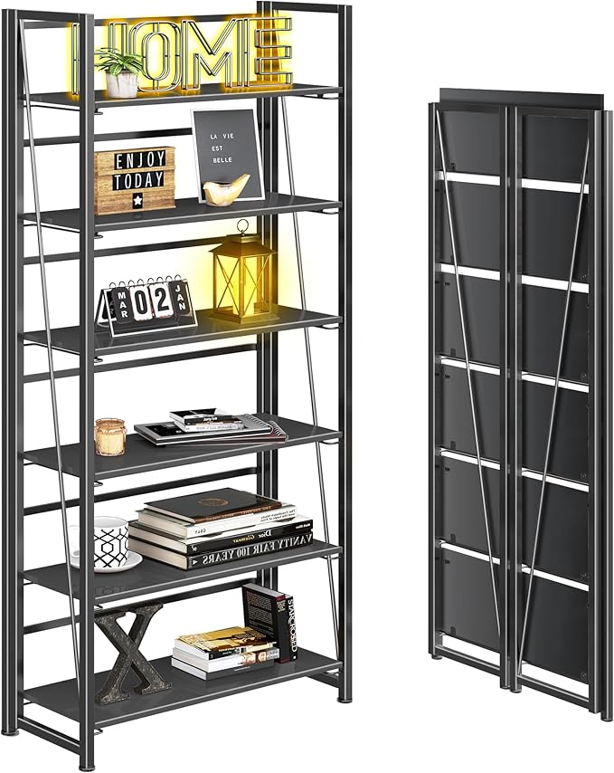 4NM No Assembly Foldable Bookshelf, 6-Shelf Collapsible Bookcase Storage for Small Spaces, 74" H, All Black