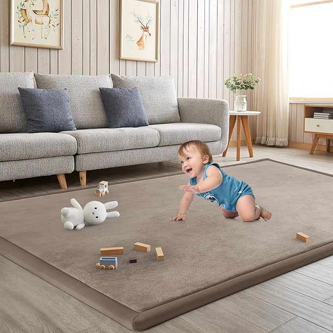 Baby Play Mat for Floor Tummy Time Mat Nursery Muscle Area Playroom Rug Tatami 79"x118" Memory Foam 1.3" Thick Crawling For Babies,Toddlers, Infants, Kids,Floor(Brown)