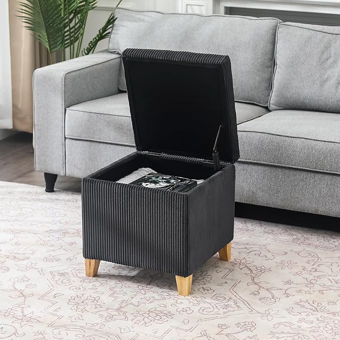 Adeco 18 Inch High Faux Fur Grey Cube Ottoman Storage, Fluffy Striped Velvet Chair Foot Stools, Small Bench Upholstered Vanity Stool with Hinged Lid, Solid Wood Legs