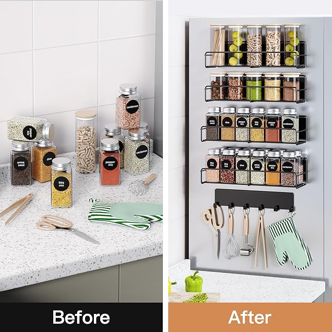 5-Pack Moveable Magnetic Spice Rack Organizer With 6 Hooks for Refrigerator, Metal Fridge Shelf, Black