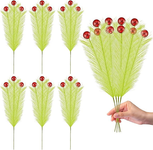 10 Pcs Christmas Tree Topper - 17" Christmas Tree Picks and Sprays Lime Green Curly Stems with Red Ball Artificial Xmas Decorations for Vase Fillers Wreath Home Party Holiday Docor