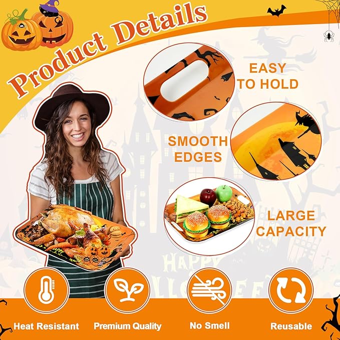 gisgfim 2Pcs Halloween Serving Trays 16.1 X 11.1 Inch Large Melamine Platters with Handles, Orange Purple Castle Pumpkin Bat Food Trays Halloween Movie Night Snack Trays Birthday Party Serving Dishes