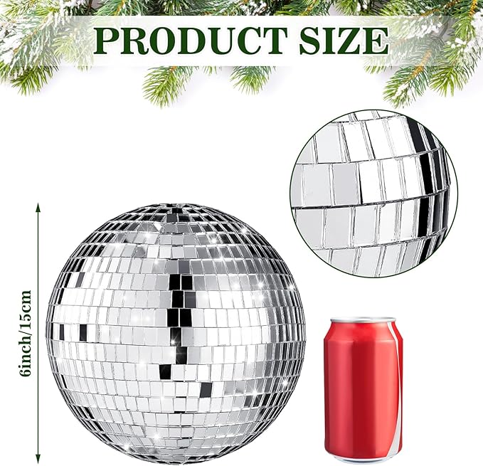Retisee 6'' Disco Ball Christmas Tree Topper Silver Mirror Xmas Tree Topper 3D Hollow Silver Disco Ball Decor for 70s Holiday Wedding Birthday Party Decorations