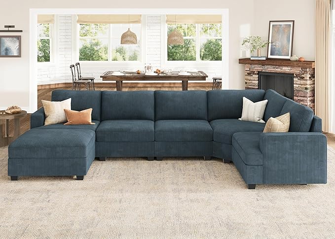 Nolany Sectional Sofa with Storage Ottoman, U Shape Sectional Couch with Chaise, Corduroy Modular Sectional Couches for Living Room, Blue
