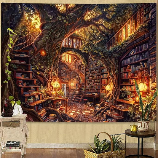 Accnicc Forest Library Tapestry Tree Bookshelf Tapestries Wall Hanging Vintage Fantasy Fairy Treehouse Book Large Tapestry for Bedroom Living Room Dorm Classroom 60 x 44 inch