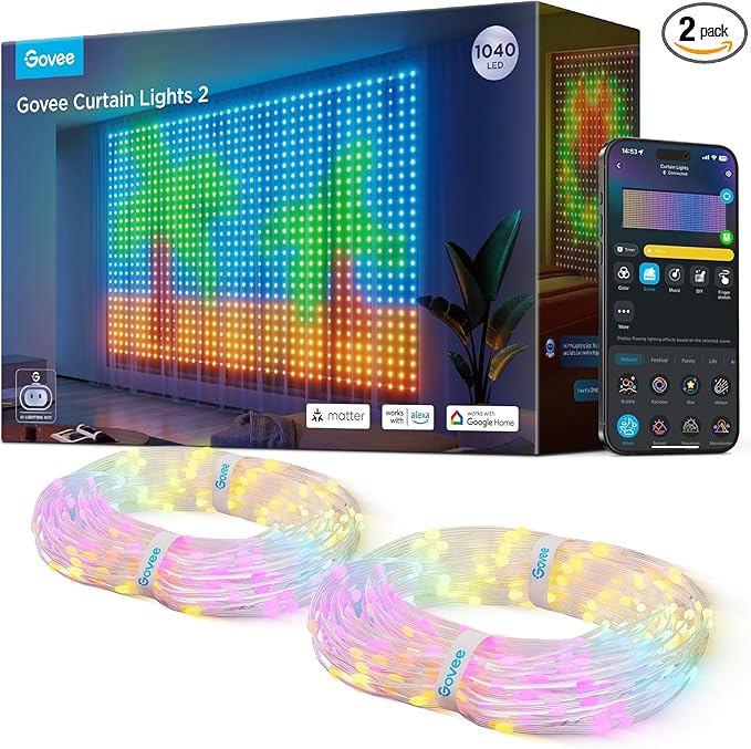 Govee Curtain Lights 2, Smart LED Curtain Light with DIY GIF AIGC, 1040 LEDs, RGBIC Color Changing Christmas Lights for Holiday Bedroom Window Dynamic Decor, Outdoor IP65 Waterproof, 9.8×6.6ft