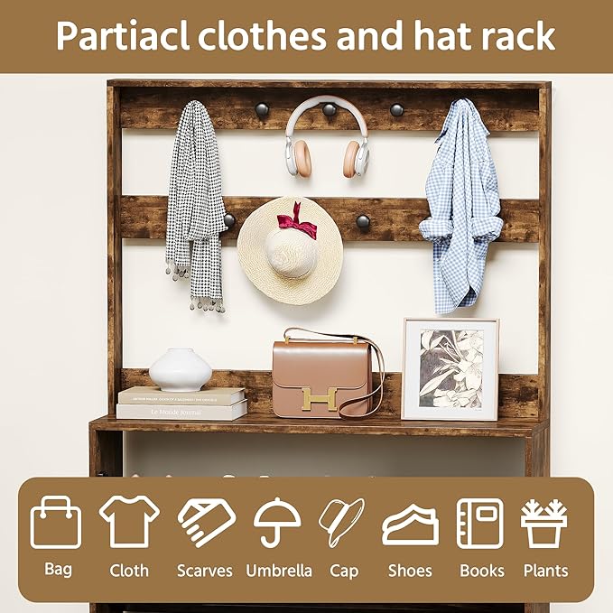 Shoe Cabinet Set 2 with 3 Flip Drawers, Narrow Shoe Cabinet with 9 Hooks Coat Rack, Freestanding Shoes Storage Cabinets with Adjustable Shelves for Entryway, Hallway, Living Room, Rustic Brown