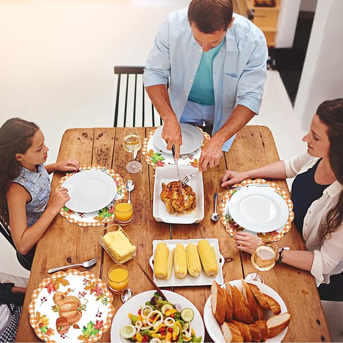 50Pcs Fall Pumpkin Round Paper Placemats,13.4 Inch Autumn Maple Leaf Round Table Mats Thanksgiving Scalloped Disposable Placemats for Harvest Birthday Thanksgiving Party Supplies